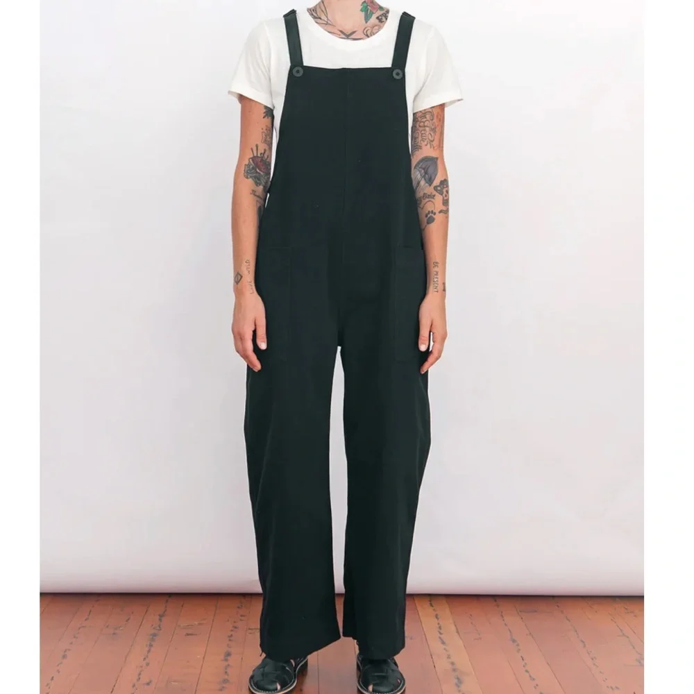Black Wide-Leg Cotton Overalls